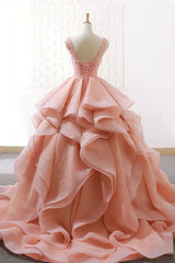 Formal Dress Fall, Puffy Tulle Long Prom Dress with Beading, A Line Sleeveless Party Gown