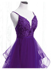 Homecoming Dresses Vintage, Purple Tulle Layers with Lace Long Evening Dresses, Purple Prom Dress Party Dresses