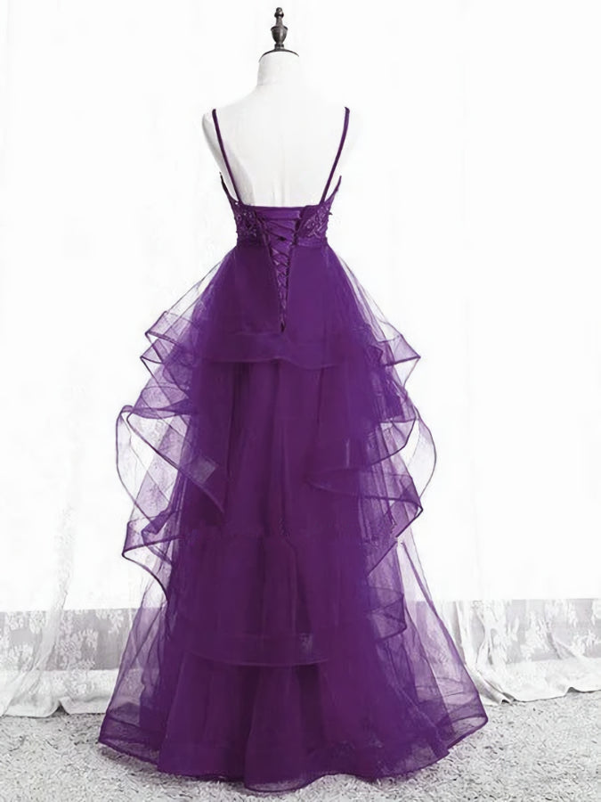 Homecoming Dress Vintage, Purple Tulle Layers with Lace Long Evening Dresses, Purple Prom Dress Party Dresses