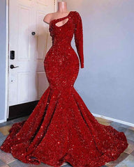 Evening Dress 1925, Red Sequined Black Girls Mermaid Prom Dresses One Shoulder Long Sleeve Evening Gowns