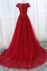 Prom Dresses Gold, Round Neck Cap Sleeves Lace Long Prom Dresses,Tulle Lace Formal Evening Dresses
