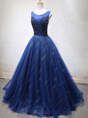 Party Dress Couple, Round Neck Dark Navy Blue Long Prom Dresses with Corset Back, Navy Blue Formal Evening Dresses