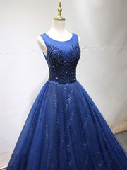 Winter Dress, Round Neck Dark Navy Blue Long Prom Dresses with Corset Back, Navy Blue Formal Evening Dresses