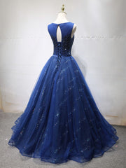 Party Dress Pattern Free, Round Neck Dark Navy Blue Long Prom Dresses with Corset Back, Navy Blue Formal Evening Dresses