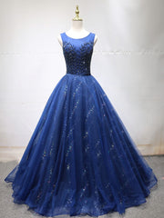 Party Dress Modest, Round Neck Dark Navy Blue Long Prom Dresses with Corset Back, Navy Blue Formal Evening Dresses