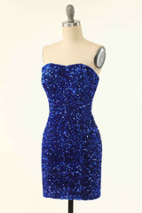 Evening Dress Ideas, Royal Blue Sequin Strapless Black Mini Homecoming Dress