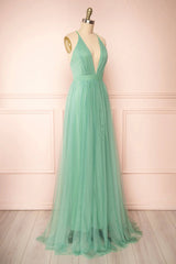 Prom Dresses For 2023, Sage Green V-Neck Tulle Long Prom Dress, Simple Backless Evening Dress