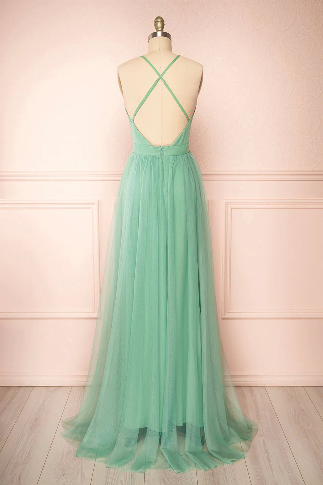 Prom Dresses Purple, Sage Green V-Neck Tulle Long Prom Dress, Simple Backless Evening Dress