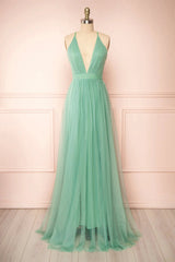 Prom Dress Places Near Me, Sage Green V-Neck Tulle Long Prom Dress, Simple Backless Evening Dress