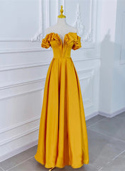 Party Dresses Styles, Satin Dark Yellow Off Shoulder Party Dress, A-line Satin Prom Dress