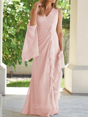 Beach Wedding, Sheath/Column V-neck Floor-Length Chiffon Mother of the Bride Dresses With Ruched