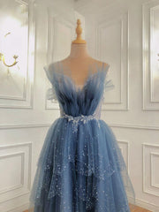 Party Dresses Online Shop, Shiny Blue Beaded Puffy Long Prom Dresses, Blue Beaded Long Formal Graduation Dresses