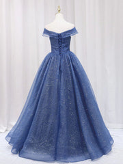 Bridesmaid Dresses Custom, Shiny Off Shoulder Navy Blue Tulle Long Prom Dresses, Navy Blue Formal Graduation Evening Dresses