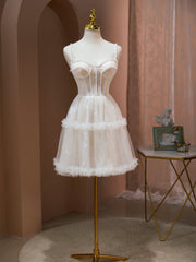 Bridesmaid Dress Strapless, Short Light Champagne Lace Prom Dresses, Short Champagne Lace Formal Homecoming Dresses