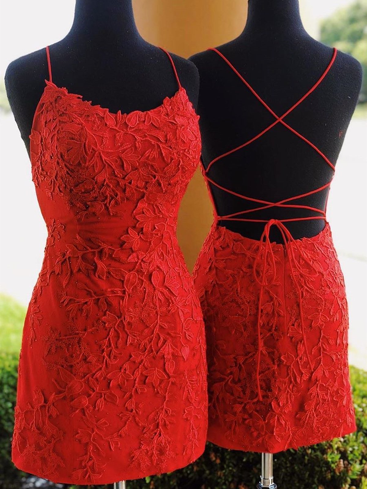 Prom Dresses Cute, Short Red Backless Lace Prom Dresses, Short Red Backless Lace Formal Homecoming Graduation Dresses