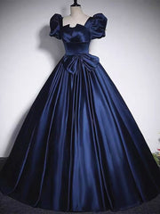 Prom Dress Emerald Green, Short Sleeves Dark Blue Long Prom Dresses, Dark Blue Short Sleeves Long Formal Evening Dresses