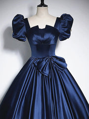 Prom Dress Modest, Short Sleeves Dark Blue Long Prom Dresses, Dark Blue Short Sleeves Long Formal Evening Dresses