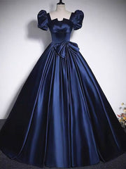 Prom Dress Styling Hair, Short Sleeves Dark Blue Long Prom Dresses, Dark Blue Short Sleeves Long Formal Evening Dresses