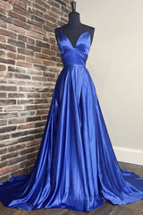 Evening Dresses For Over 90, Simple blue v neck satin long prom dress blue evening dress