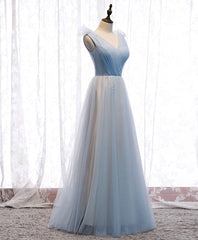 Evening Dress Ideas, Simple Blue V Neck Tulle Long Prom Dress, Blue Formal Party Dresses