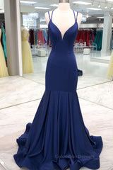Homecoming Dresses Classy Elegant, Simple dark blue satin long prom dress blue evening dress