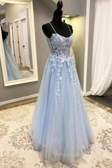 Bridesmaid Dress Wedding, Spaghetti Straps Light Blue Lace Prom Dresses, Light Blue Lace Formal Evening Dresses