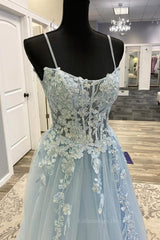 Bridesmaid Dresses Weddings, Spaghetti Straps Light Blue Lace Prom Dresses, Light Blue Lace Formal Evening Dresses
