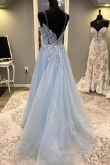 Bridesmaids Dress Inspiration, Spaghetti Straps Light Blue Lace Prom Dresses, Light Blue Lace Formal Evening Dresses