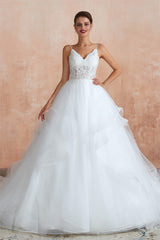 Wedding Dresses Romantic, Spaghetti Straps V-neck Lace Organza Tiered A-line Wedding Dresses