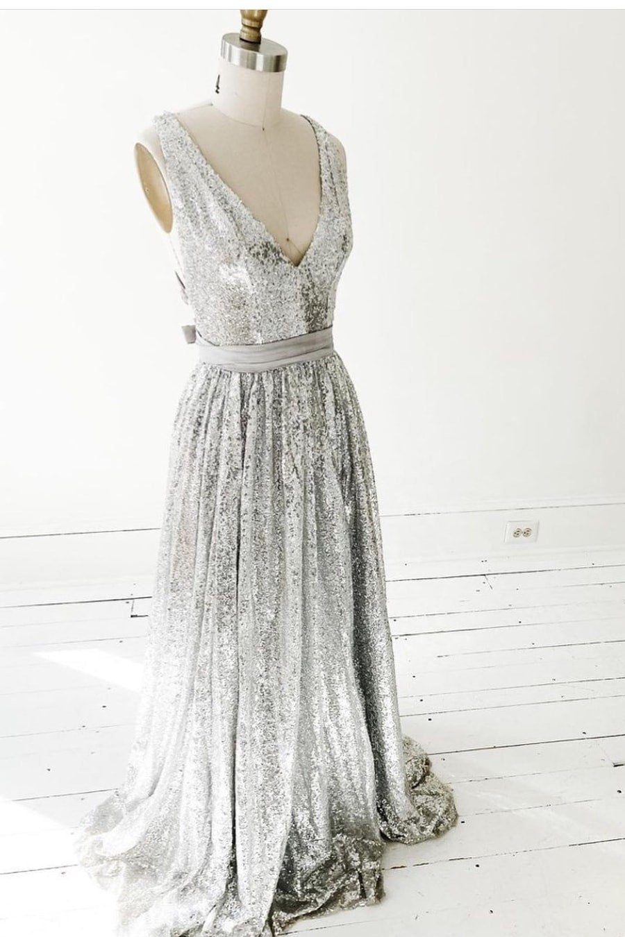 Prom Dress With Tulle, Sparkly A-line Silver Sequin Prom Dresses with V-neckline