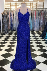 Homecoming Dresses For Kids, Sparkly Sheath Royal Blue Prom Dresses, Evening Dresses with Slit