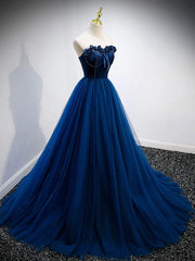 Party Dress Dress Code, Strapless Blue Velvet Long Prom Dresses, Blue Velvet Long Formal Graduation Dresses