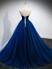 Party Dress Long, Strapless Blue Velvet Long Prom Dresses, Blue Velvet Long Formal Graduation Dresses
