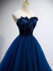 Party Dresses Long, Strapless Blue Velvet Long Prom Dresses, Blue Velvet Long Formal Graduation Dresses