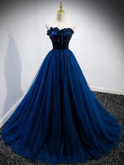 Party Dress Brands, Strapless Blue Velvet Long Prom Dresses, Blue Velvet Long Formal Graduation Dresses