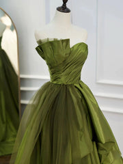 Bridesmaids Dresses Gold, Strapless Green High Low Prom Dresses, High Low Green Long Formal Evening Dresses