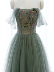 Bridesmaid Dress Shops, Strapless Green Tulle Floral Long Prom Dresses, Green Tulle Floral Formal Evening Dresses