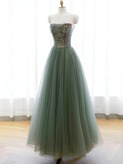 Bridesmaid Dress Custom, Strapless Green Tulle Floral Long Prom Dresses, Green Tulle Floral Formal Evening Dresses
