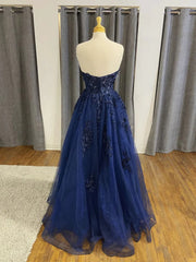 Bridesmaid Dress Summer, Strapless Navy Blue Beaded Lace Prom Dresses, Navy Blue Lace Formal Evening Dresses
