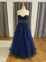 Bridesmaids Dresses Summer, Strapless Navy Blue Beaded Lace Prom Dresses, Navy Blue Lace Formal Evening Dresses