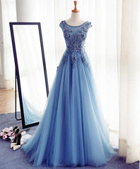 Bridesmaid Dresses Gold, Blue A Line Tulle Lace Long Prom Dress, Evening Dress