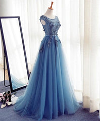 Bridesmaids Dress Gold, Blue A Line Tulle Lace Long Prom Dress, Evening Dress