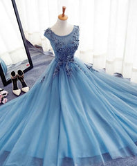 Bridesmaid Dresses Tulle, Blue A Line Tulle Lace Long Prom Dress, Evening Dress