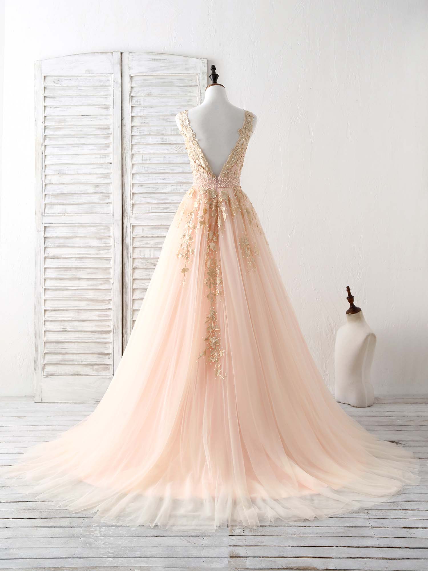 Wedding Guest Outfit, Unique V Neck Tulle Lace Applique Long Prom Dress, Evening Dress