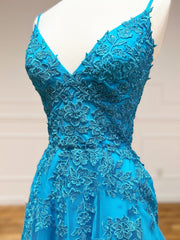 Bridesmaid Dresses Orange, V Neck Backless Blue Lace Long Prom Dresses, Open Back Blue Lace Long Formal Evening Dresses