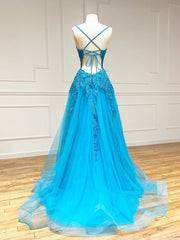 Bridesmaid Dressing Gown, V Neck Backless Blue Lace Long Prom Dresses, Open Back Blue Lace Long Formal Evening Dresses