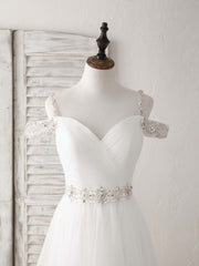 Bridesmaid Dress Idea, White Off Shoulder Tulle Beads Long Prom Dress White Evening Dress