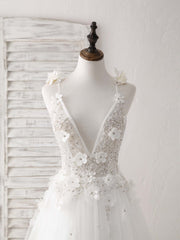 Bridesmaid Dresses Summer, White V Neck Tulle Beads Long Prom Dress White Evening Dress