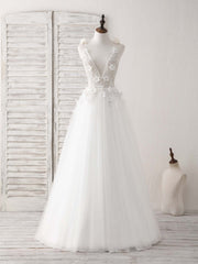 Bridesmaids Dresses Long, White V Neck Tulle Beads Long Prom Dress White Evening Dress