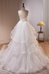Prom Dress Gold, White V-Neck Tulle Long Prom Dress, A-Line Evening Dress with Train